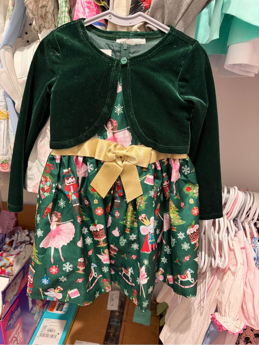 Bonnie Jean Green Velvet Nutcracker Print Dress with Gold Bow